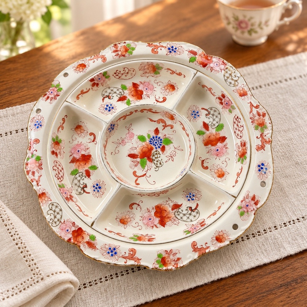 Vintage Made in Japan Floral Porcelain Divided Serving Tray 11 Inch Scalloped